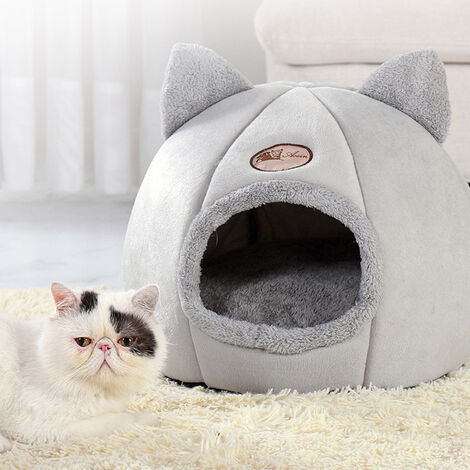 Plush nest bed of cats and dogs, semi closed and warm, in winter, Grey, M