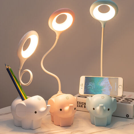 Creative Elephant LED Eye Protection Table Lamp Three-Color Desk Lamp USB Charging Port 360 Degree Adjustable Lamps Cartoon Cute Table Light,Cute Pet-Blue [Charging and Plugging Dual-use Models] Wire Delivery