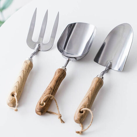 3 Piece Gardening Tools Adult Gardening Tool Kit Solid Wood Handle Hanging Hole with Stainless Steel Spatula Transplant Fork Indoor & Outdoor Garden Plant Pot