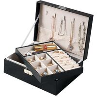 2 Tier Jewelry Box, Lockable PU Leather Jewelry Box for Girls Women, Velvet Lining, Black