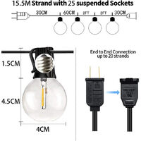 G40 25 LED String Lights Outdoor Patio plug Lights Shatterproof Bulbs, Weatherproof Hanging Lights E12 Base, Black