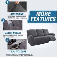 Recliner Cover for 3 Seater Velvet Recliner Slipcover Soft Protector 8-Piece Recliner Chair Cover for Recliner Couch Cover with Side Pocket-Gray