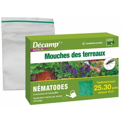 Nématodes contre les mouches des terreaux – 5 millions de nématodes – Ciblent larves nuisibles – Efficacité en 48h – Décamp'
