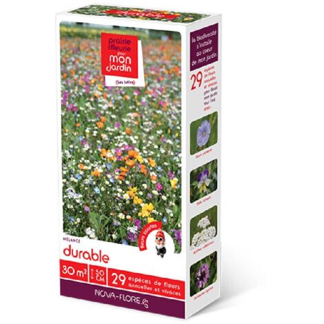 Prairie durable 30 m² – Période de semis mars à juin – Floraison 3 mois – Espèces : Linum, Bellis, Achillea, Centaurea – Achat Nature