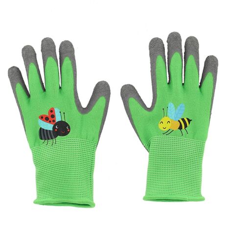 Esschert Design – Gants enfant Abeille et Coccinelle – Taille 4 – Poignets élastiques – Paume en latex pour prise ferme – Accessoire ludique pour jardinage