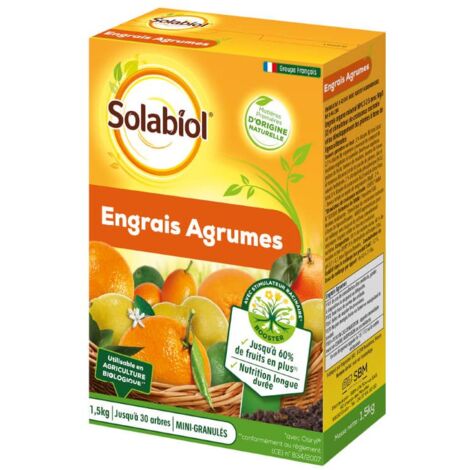 Engrais agrumes 1,5Kg – Favorise la fructification – Nutrition longue durée – 60% de fruits en plus – Utilisable en agriculture biologique – Solabiol