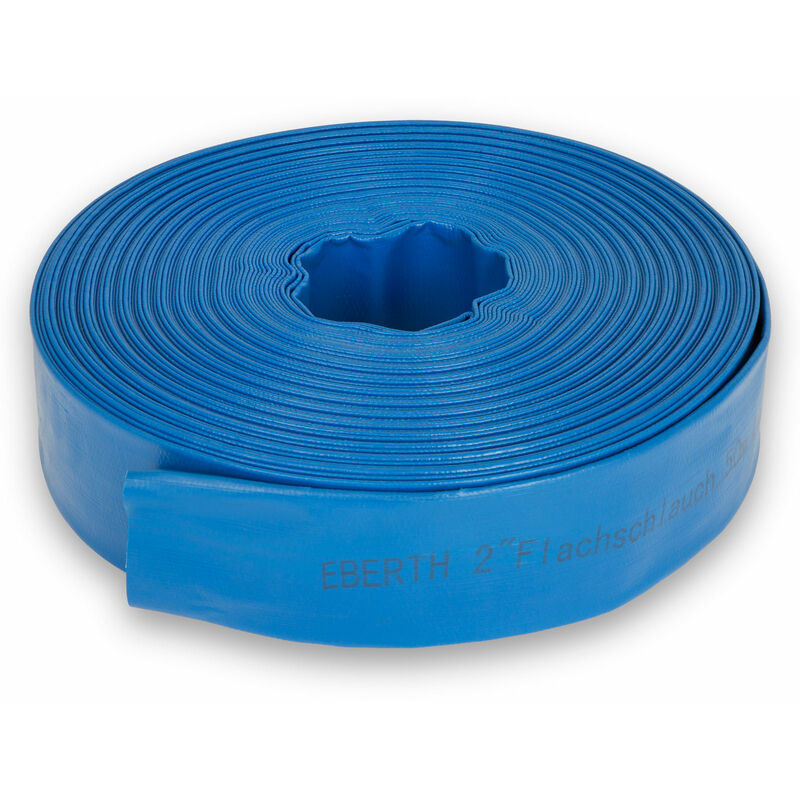 EBERTH 2" Manguera plana Manguera de jardín para bombas en 50m de longitud, 2 pulgada, 52mm de diámetro, flexible, PVC resistente, manguera industrial, manguera de agua para riego, en color azul