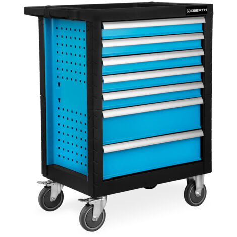 EBERTH Carrello officina blu incl. utensili (7 cassetti con cuscinetti a sfera, 5 cassetti con attrezzi, bloccabili, 2 ruote girevoli, freno di stazionamento, rivestito a polvere)