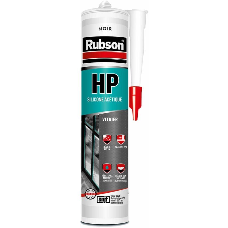 Rubson HP Mastic Vitrier à base de silcone acétique, certifié SNJF, Coloris  Noir, Cartouche de 300ml
