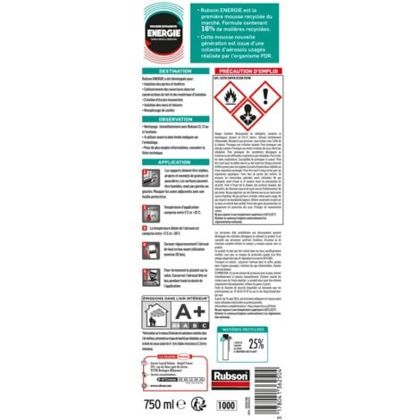 RUBSON Mousse Expansive ENERGIE Pistolable - Adhérence multi-support & Recouvrable -  Gris clair - Aérosol 750ml