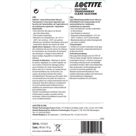Loctite SI 595 - Silicone transparent pour joint d'étanchéité mécanique ou industriel, silicone résistant aux UV et aux conditions climatiques, tube 40 ml