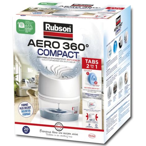 Rubson – Déshumidificateur compact AERO 360° – Absorbeur d'humidité jusqu'à 20 m² – Recharge 450 g – Système anti-renversement silencieux