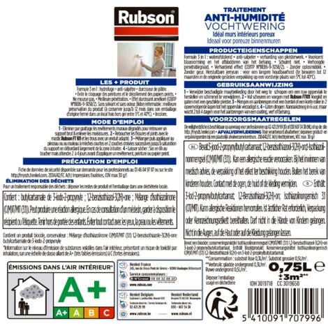 Rubson Traitement Murs Humides, Traitement 3-en-1 anti-salpêtre, hydrofuge et durcisseur de plâtre pour tous supports sur murs intérieurs, produit anti-humidité, 0,75 L
