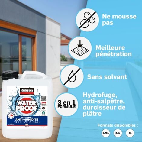 Rubson Traitement Murs Humides, Traitement 3-en-1 anti-salpêtre, hydrofuge et durcisseur de plâtre pour tous supports sur murs intérieurs, produit anti-humidité, 0,75 L
