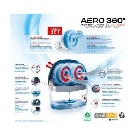 Rubson AERO 360° Absorbeur d'humidité pour pièces de 40 m²,  déshumidificateur d'air anti odeurs & anti moisissure, inclus 2 recharges  neutres de 450 g
