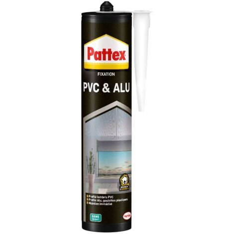 Pattex PVC & ALU, mastic colle pour fixations sur PVC & Aluminium, collage haute performance sur supports humides en intérieur & extérieur, colle blanche en cartouche de 450 g