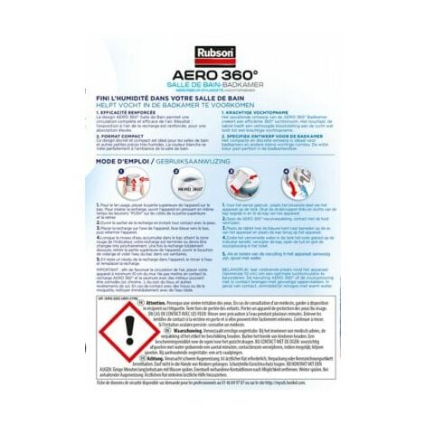 Rubson AERO 360° Absorbeur d'humidité pour pièces de 20 m², déshumidificateur  d'air anti odeurs & anti moisissure, inclus 1 recharge neutre de 450 g :  : Cuisine et Maison