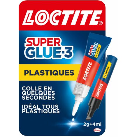Loctite Super Glue-3 Spécial plastiques, colle forte pour tout plastique, colle transparente à séchage immédiat, tube de colle 2 g et stylo activateur 4 ml