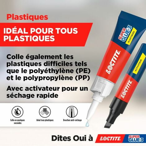 Loctite Super Glue-3 Spécial plastiques, colle forte pour tout plastique,  colle transparente à séchage immédiat, tube de colle 2 g et stylo  activateur