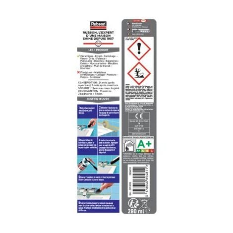 Rubson Mastic Bain & Cuisine Séchage Rapide transparent, Joint silicone longue durée résistant aux moisissures, Mastic sanitaire étanche facile d'utilisation séchage en 2h, Cartouche de 280 ml