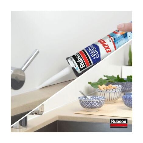 Rubson Mastic Bain & Cuisine Séchage Rapide transparent, Joint silicone longue durée résistant aux moisissures, Mastic sanitaire étanche facile d'utilisation séchage en 2h, Cartouche de 280 ml