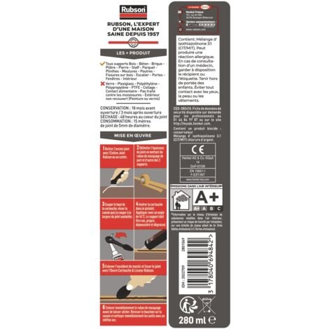 Rubson Maison Mastic Bois & Parquet couleur Wengé, Mastic acrylique pour tous supports bois et maçonnerie, Joints pour intérieur et extérieur, cartouche de 280 ml