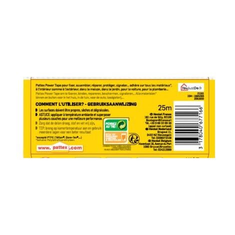Pattex Power Tape, Ruban adhésif blanc extra fort pour charges lourdes, Bande adhésive toilée tous supports, Rouleau adhésif étanche de 48 mm x 25 m