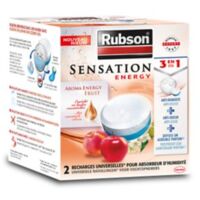 Rubson Sensation Energy, Parfum Fruits, 2 Recharges universelles de 300 g pour absorbeur d'humidité, Recharge 3-en-1 anti-humidité & anti-odeur et qui offre une sensation fraîche