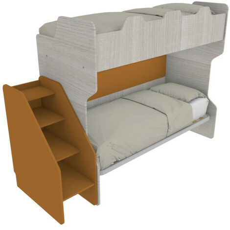 Letto a castello salvaspazio con terzo letto estraibile e scala laterale - Ideale per camerette - Rovere rock