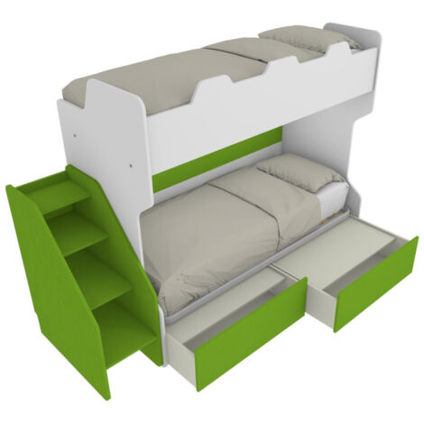 Letto a castello salvaspazio con terzo letto estraibile e scala laterale - Ideale per camerette - Bianco e Verde Mela