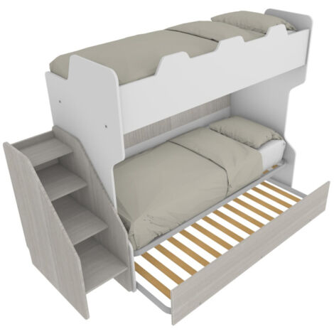 Letto a castello salvaspazio con terzo letto estraibile e scala laterale - Ideale per camerette - Bianco e rovere rock