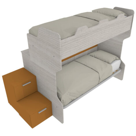 Letto a castello salvaspazio con scala a cassettoni e camminatoio - Rovere rock