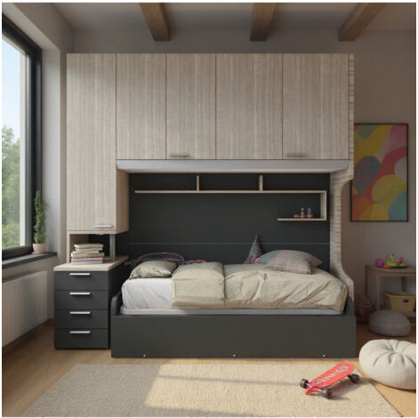 Cameretta a ponte con letto estraibile e spazio intelligente - Rovere rock