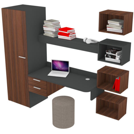Scrivania sospesa design con mensola luminosa, pensili e armadio - Basalto e Noce (1/5)