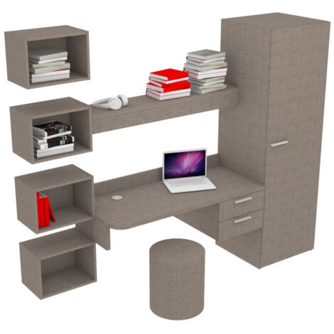 Scrivania sospesa design con mensola luminosa, pensili e armadio - Grigio fumo (1/5)