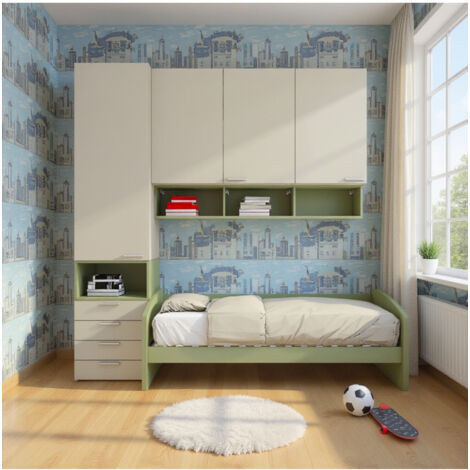 Cameretta a mezzo ponte con divano letto, armadio e cassettiera - Ecru e Salvia