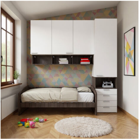 Cameretta a mezzo ponte con divano letto, armadio e cassettiera - Bianco e Olmo