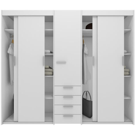 Armadio scorrevole L.225 cm con cassettiera centrale integrata - Bianco