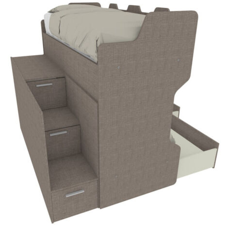 Letto a castello con scala contenitore e terzo letto estraibile - Cameretta salvaspazio - Grigio fumo