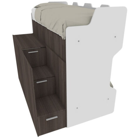 Letto a castello con scala contenitore e terzo letto estraibile - Cameretta salvaspazio - Bianco e Olmo