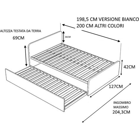 964R - Letto cameretta 80x190 singolo con secondo letto estraibile e  testate personalizzabili