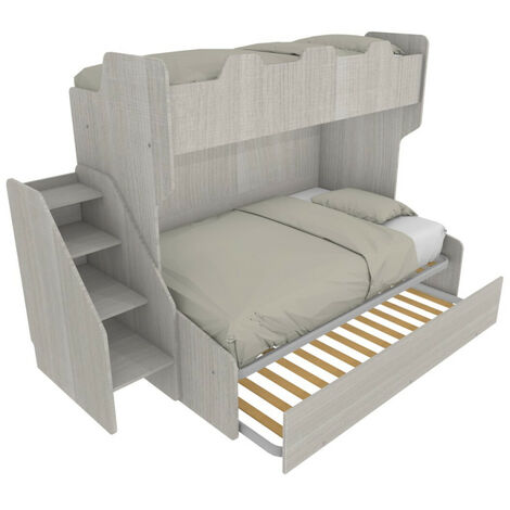 Letto a castello 3 posti con terzo letto estraibile e scaletta contenitore - Una piazza e mezza - Rovere rock