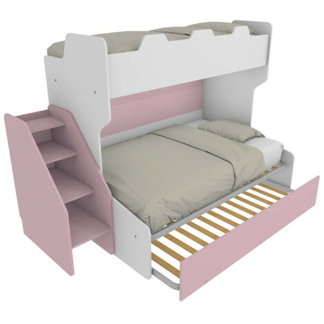 Letto a castello 3 posti con terzo letto estraibile e scaletta contenitore - Una piazza e mezza - bianco e cipria