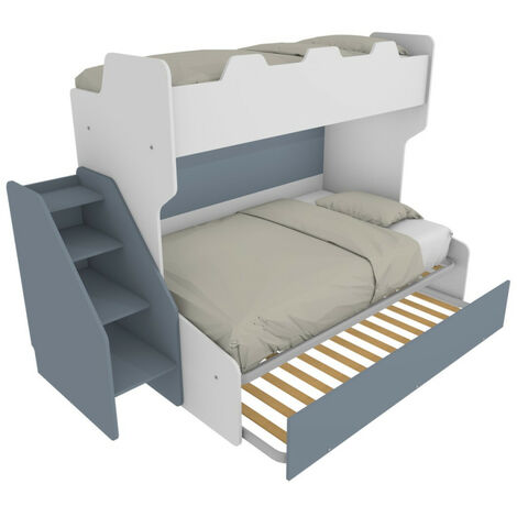 Letto a castello 3 posti con terzo letto estraibile e scaletta contenitore - Una piazza e mezza - Bianco e Avio