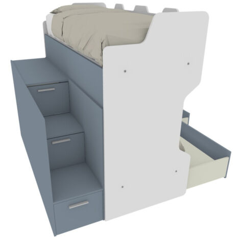 Letto a castello con scala contenitore e terzo letto estraibile - Cameretta salvaspazio - Bianco e Avio