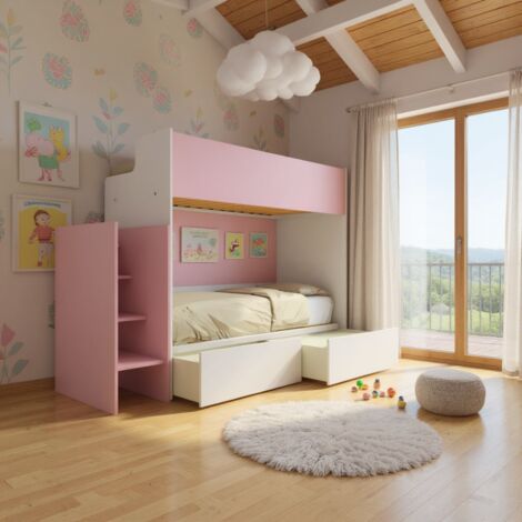 Letto a castello minimalista con terzo letto estraibile - bianco e cipria