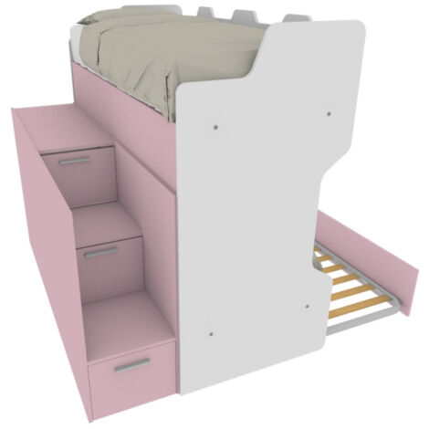 Letto a castello con scala contenitore e terzo letto estraibile - Cameretta salvaspazio - bianco e cipria