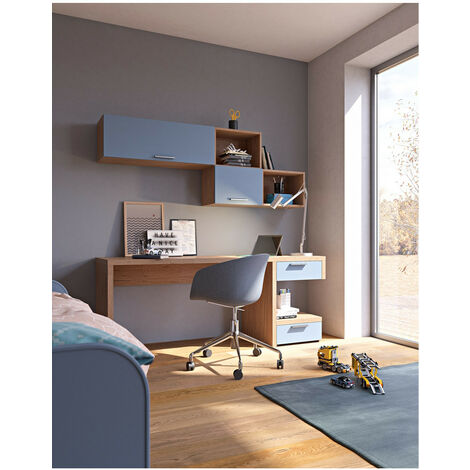 Angolo studio moderno con cassettiera sfalsata per cameretta - Rovere rock e verde petrolio