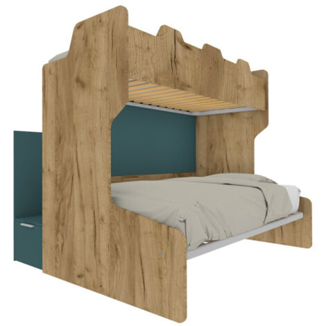 Letto a castello salvaspazio con scala contenitore - 1 Piazza e mezza + singolo - Quercia e verde petrolio (1/5)