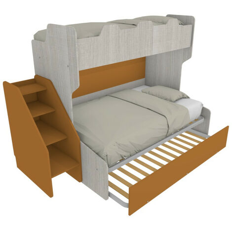 Letto a castello 3 posti con terzo letto estraibile e scaletta contenitore - Una piazza e mezza - Rovere rock